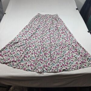 shosho White Floral Maxi Skirt A line  Small Pink & Green Print Boho Layered